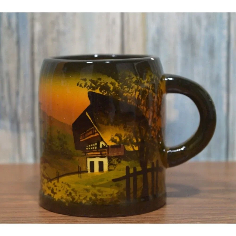 Hand Painted Black Forest Mug Schramberg Germany Pottery Alpine Chalet Drip SMF